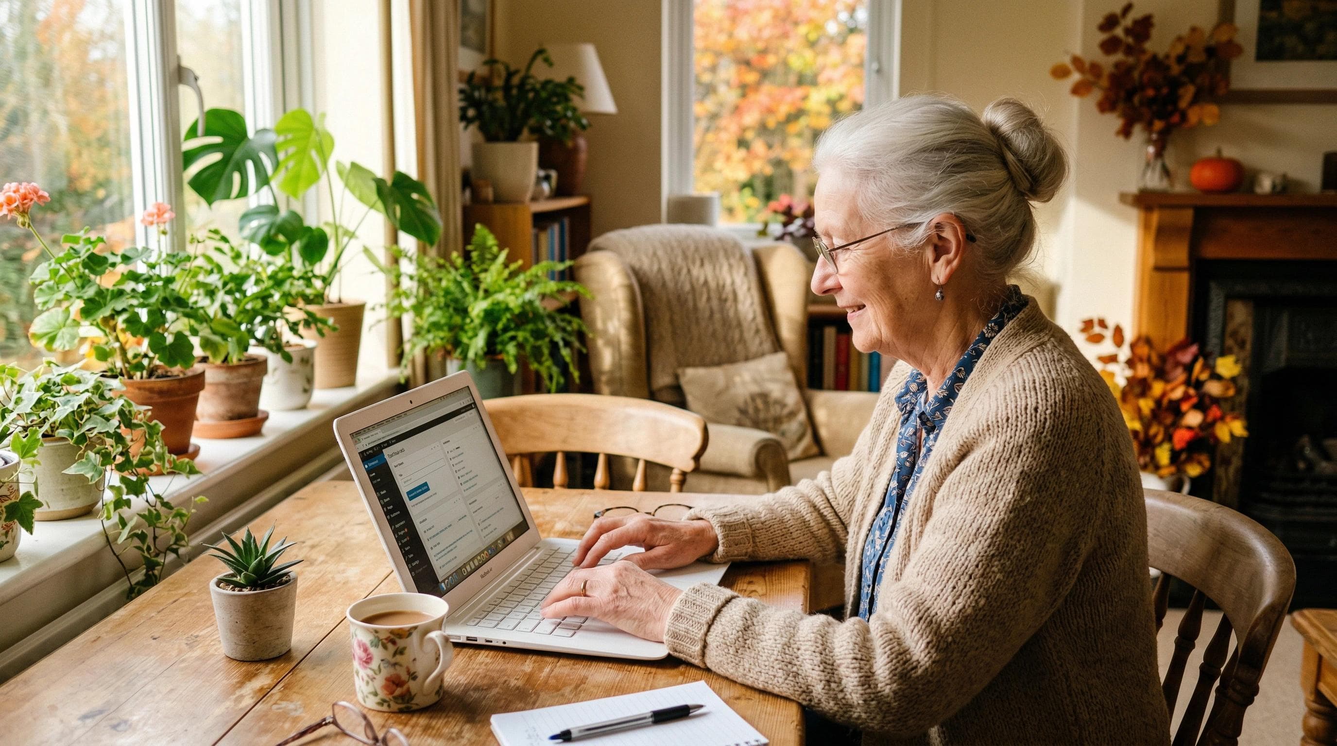 an old lady is writing blog and usign wordpress on a laptop