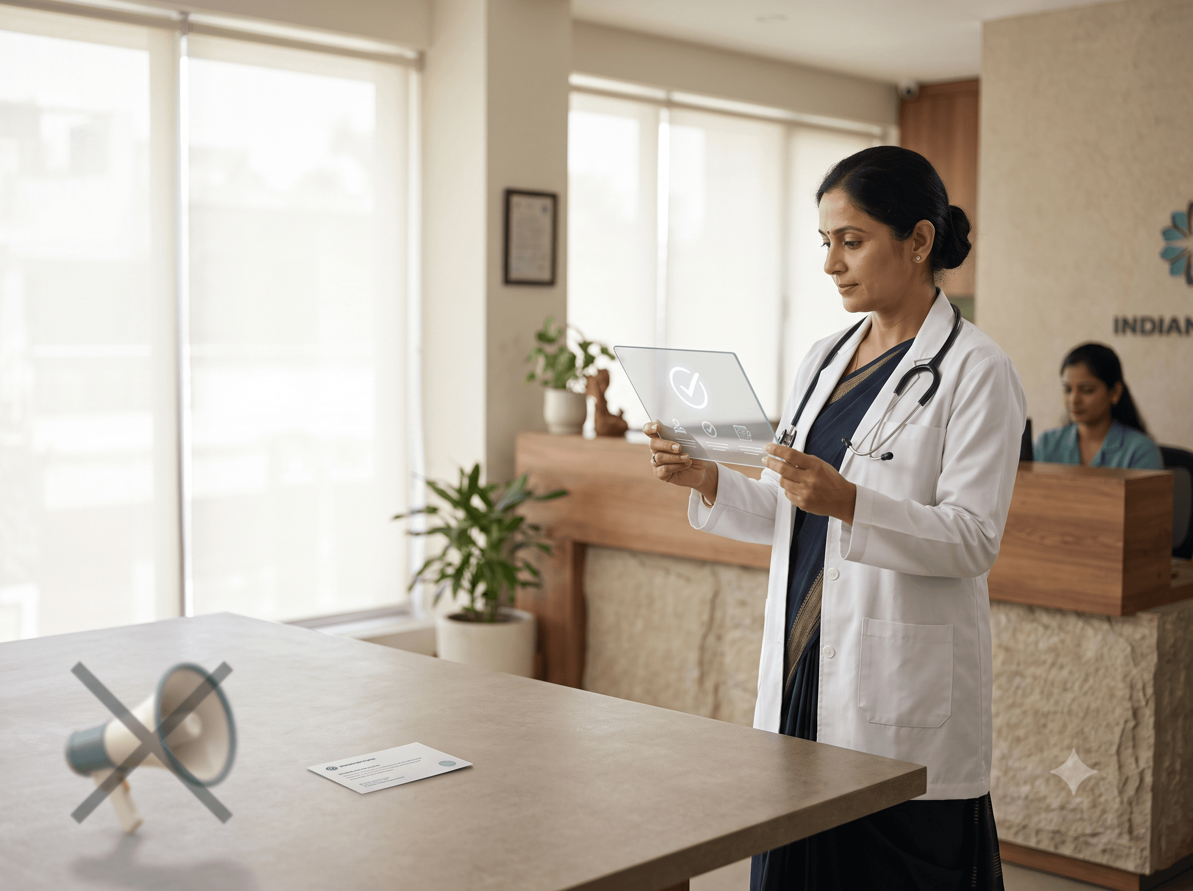 A doctor reviewing evidence-based information at a modern clinic, representing a shift toward transparent healthcare communication